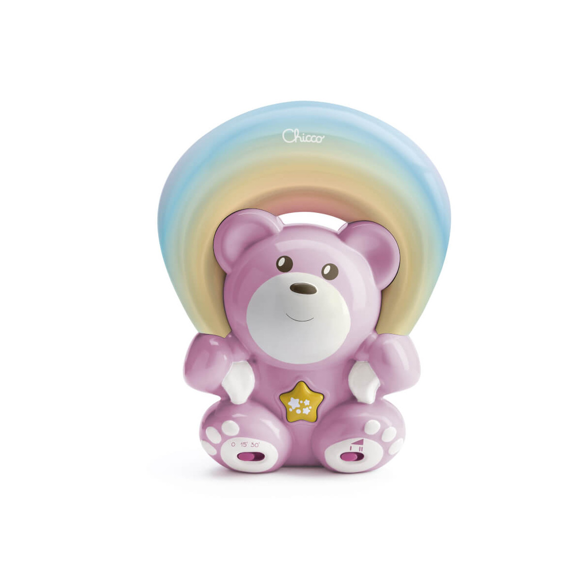 Lila Teddybär-Nachtlicht mit Regenbogenbogen und gelbem Stern auf dem Bauch vor weißem Hintergrund.