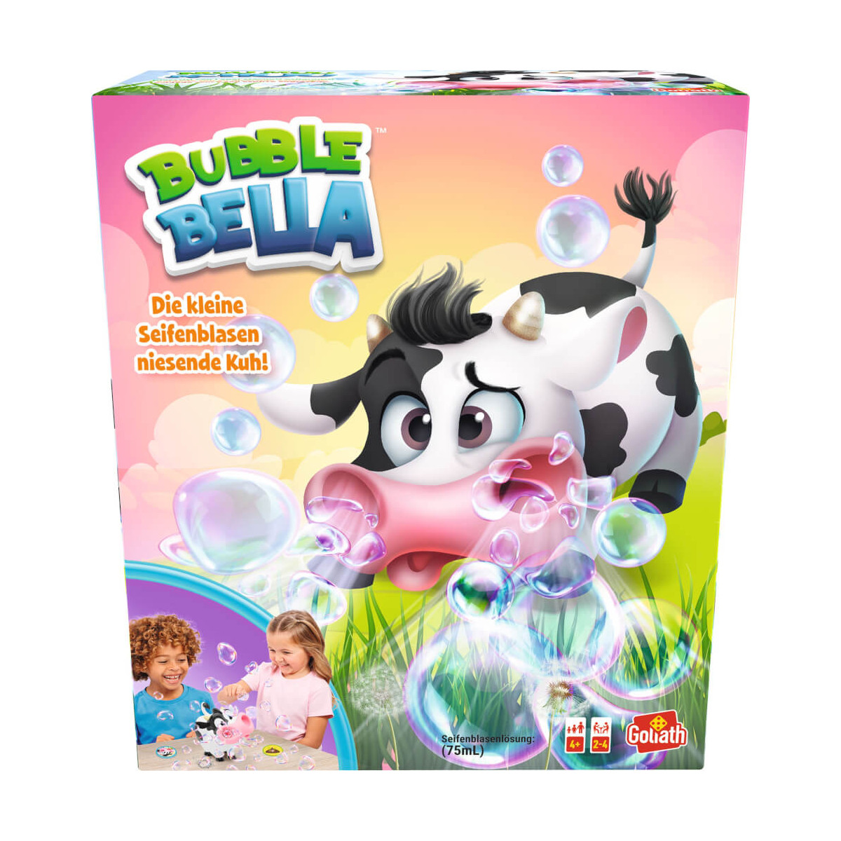 Farbige Bubble Bella Spielbox mit Cartoon-Kuh, die Seifenblasen pusten, und spielenden Kindern in der Ecke.