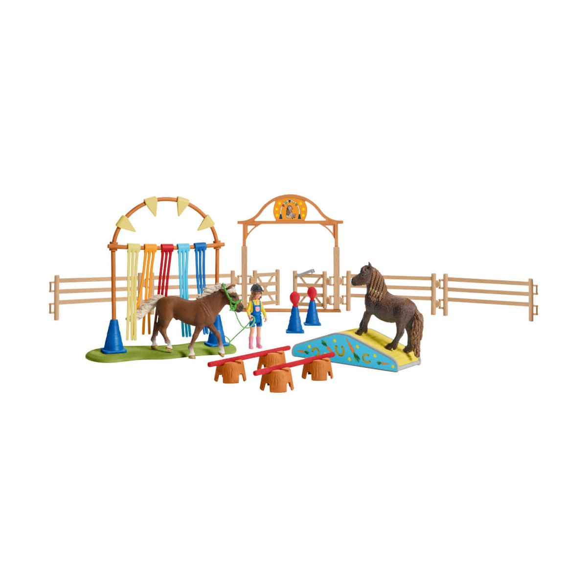 Spielset mit zwei Pferden, Reitern, Hindernissen, Zäunen und einem dekorativen Tor.