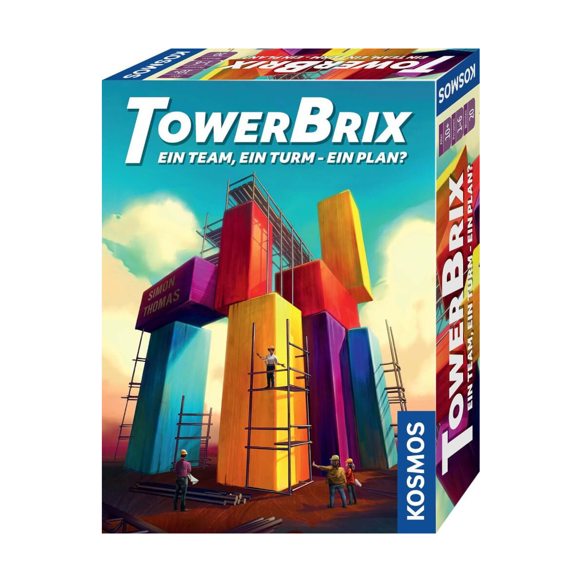 TowerBrix: Bunte, gestapelte Blöcke auf der Box und Personen bauen gemeinsam einen hohen Turm.