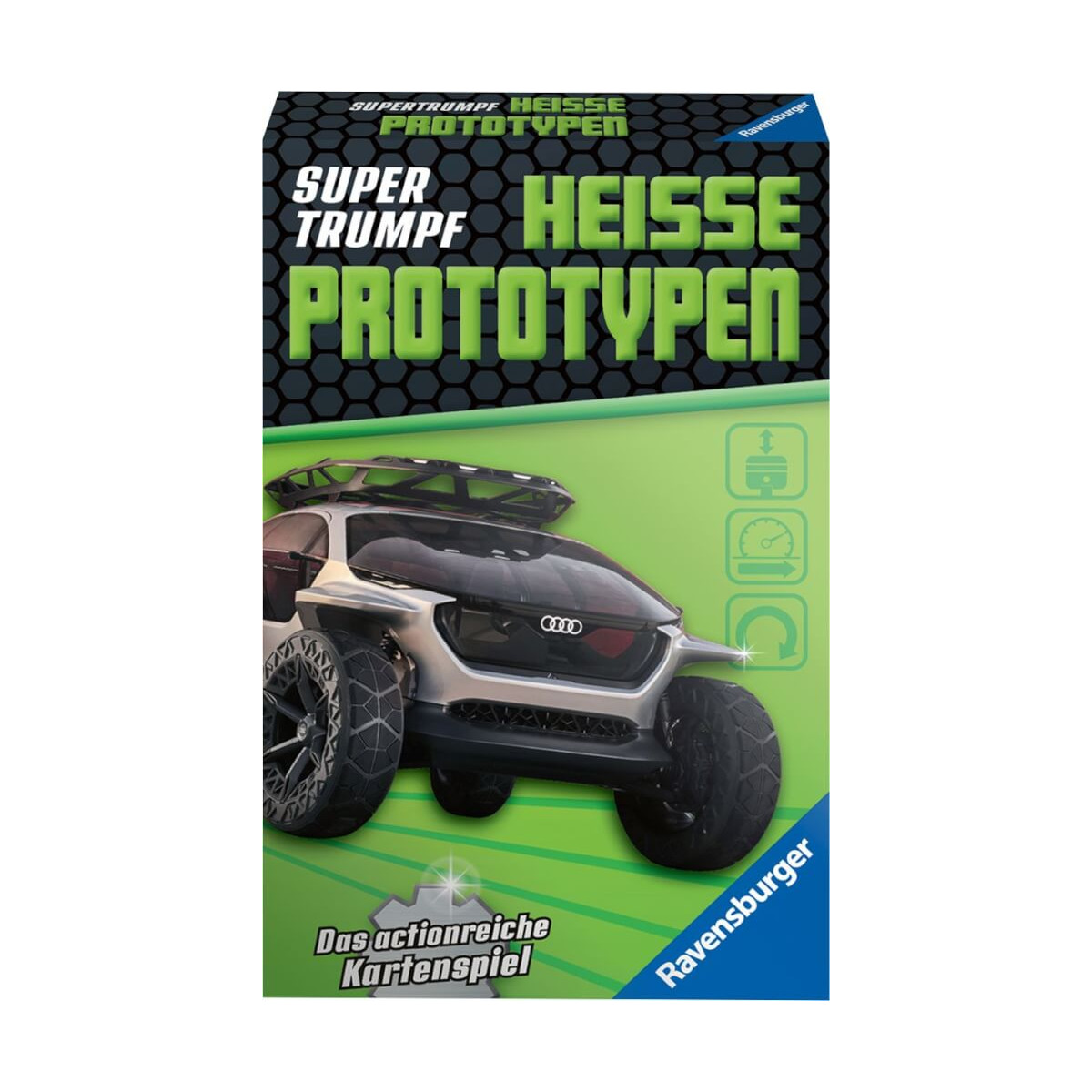 Box of Super Trumpf: Heiße Prototypen – Kartenspiel mit futuristischer Auto-Illustration auf dem Cover.