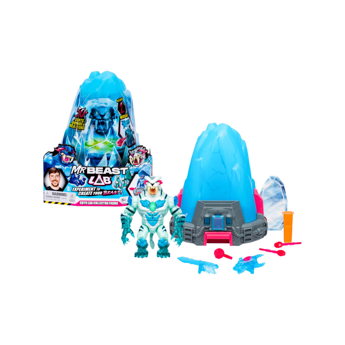 MrBeast Lab Spielset mit Eismassiv, Actionfigur, Zubehör und sichtbarer Verpackung.