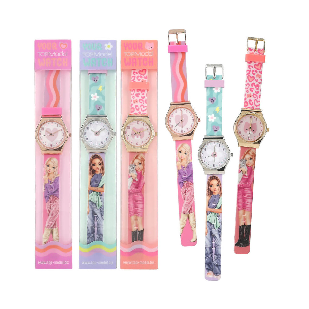 Fünf bunte Kinderuhren mit Mädchenmotiven auf den Armbändern, jeweils in und außerhalb der Verpackung gezeigt.