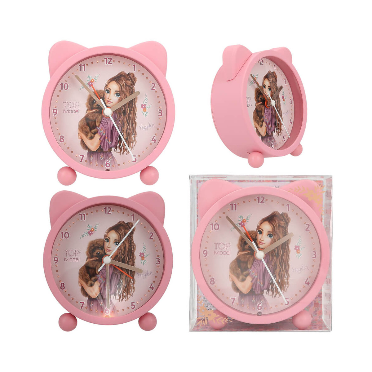 Vier rosa Katzenohr-Uhren mit Mädchen- und Katzenmotiv auf dem Zifferblatt aus verschiedenen Blickwinkeln.