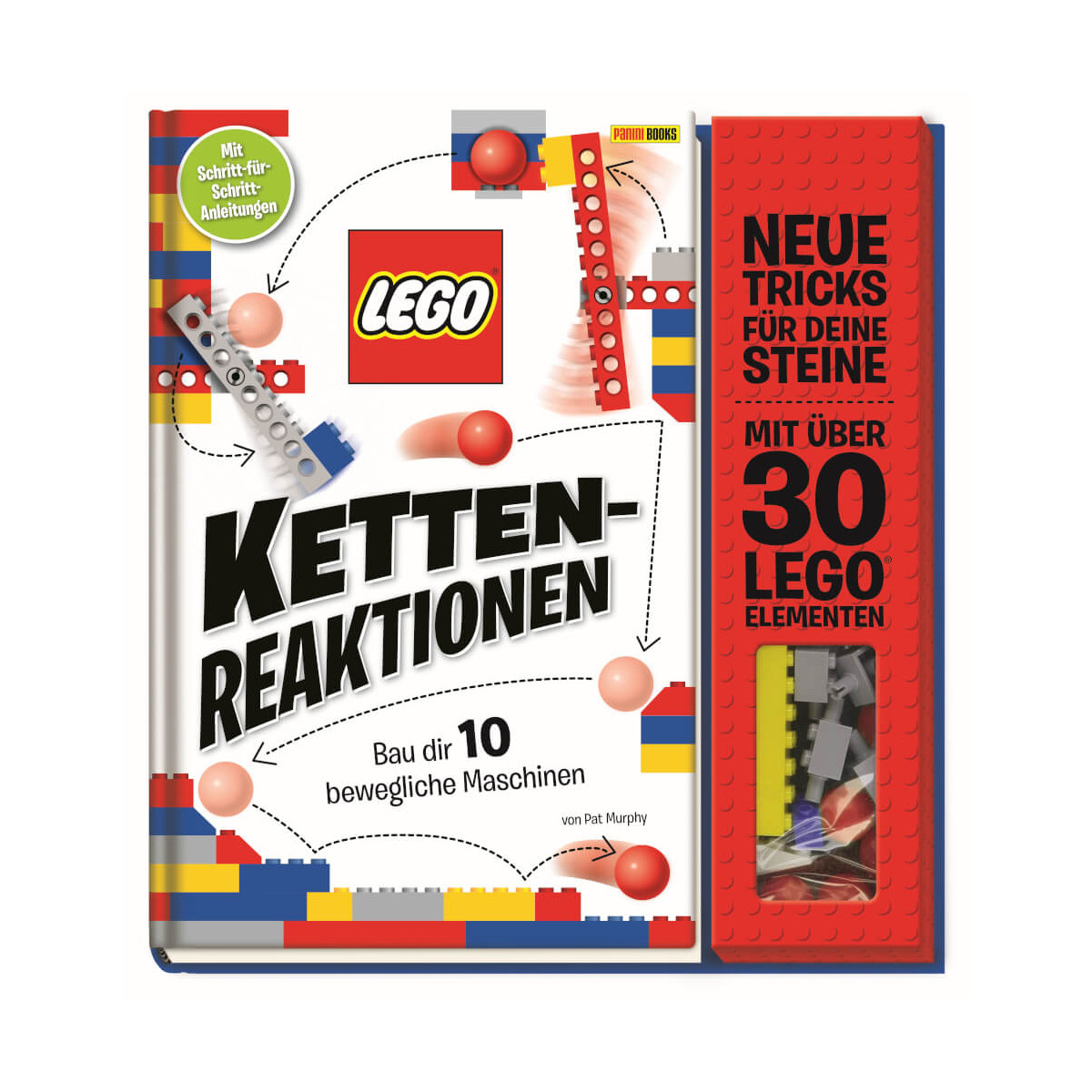 Buchcover von „Lego Ketten-Reaktionen“ mit Lego-Teilen und rotem Seitenfeld mit enthaltenen Elementen.