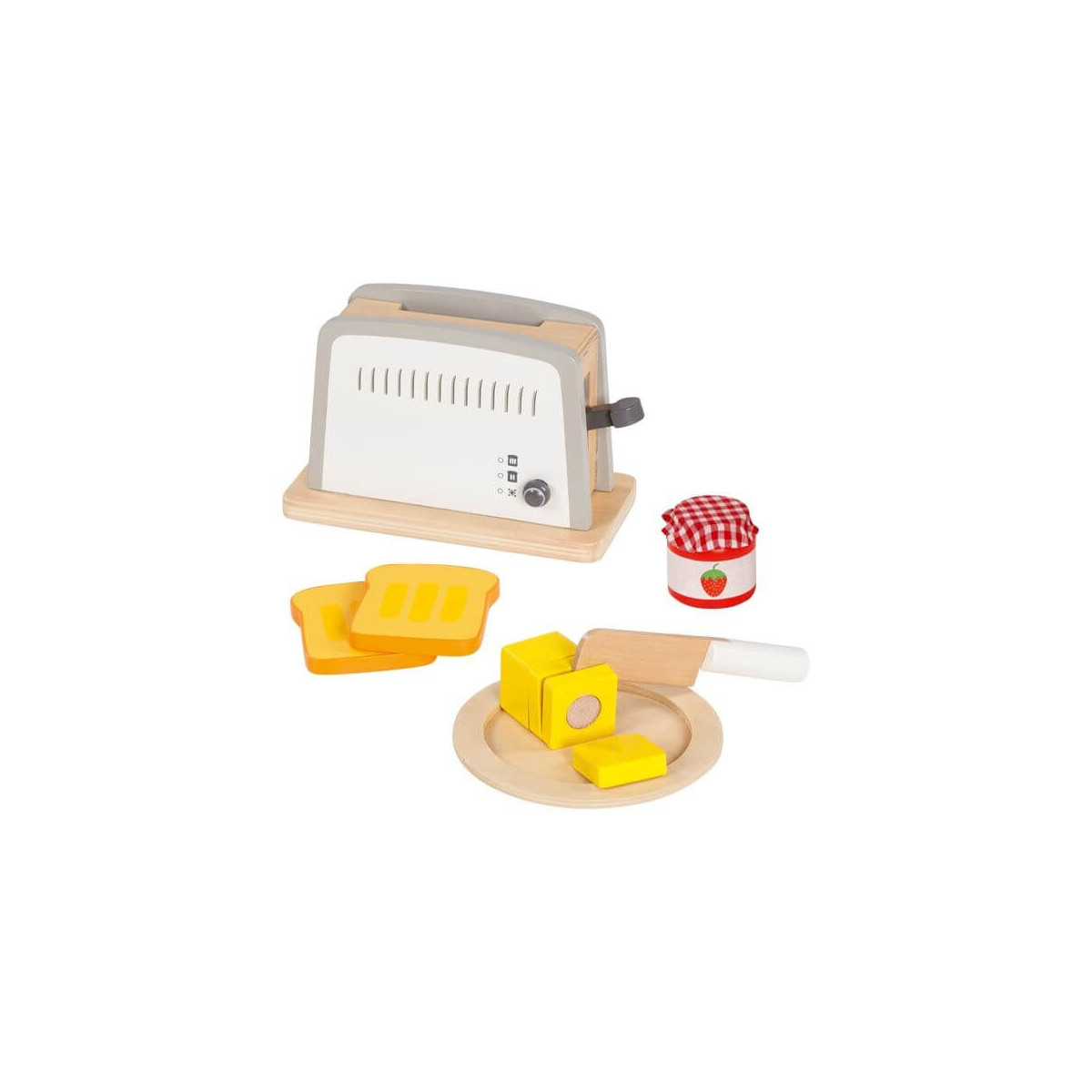 Spielzeug-Toaster-Set mit Brotscheiben, Butter, Messer, Teller und Glas mit rot kariertem Deckel.