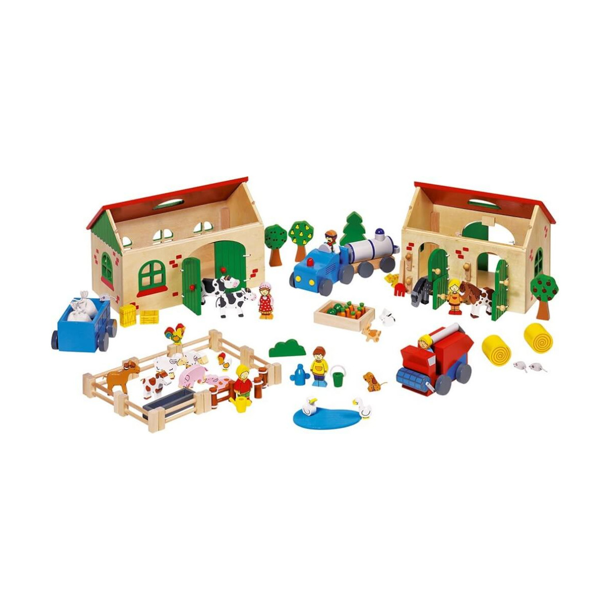 Holz-Bauernhofspielset mit Scheunen, Fahrzeugen, Tieren, Bäumen, Figuren und Zubehör auf weißem Hintergrund.
