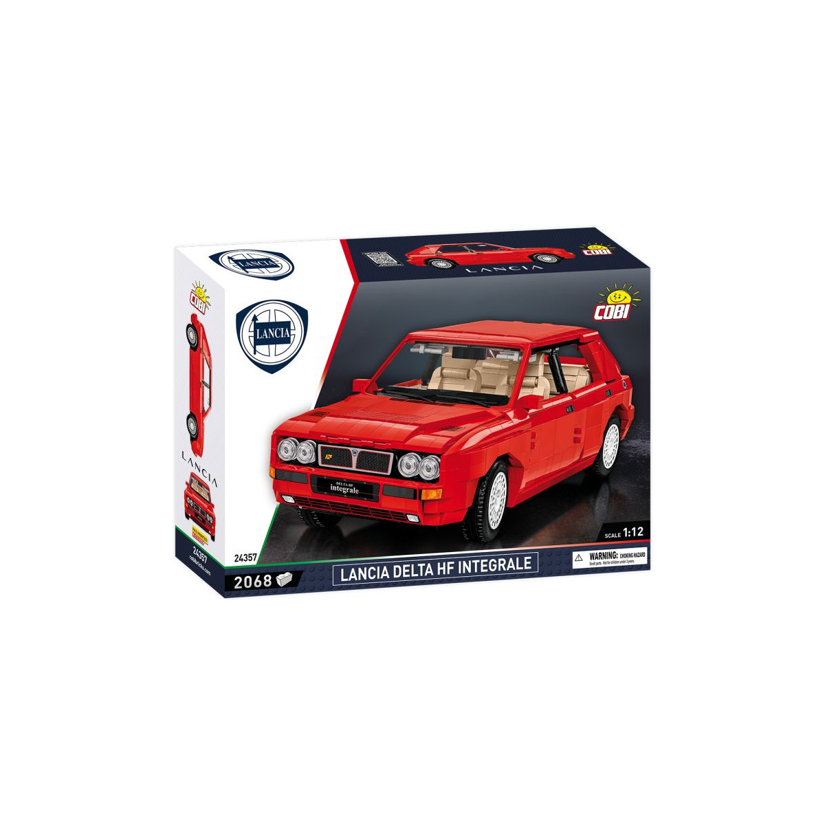 COBI Lancia Delta HF Integrale Modellauto, rot, Maßstab 1:12, mit Abbildung des fertigen Modells auf der Box.