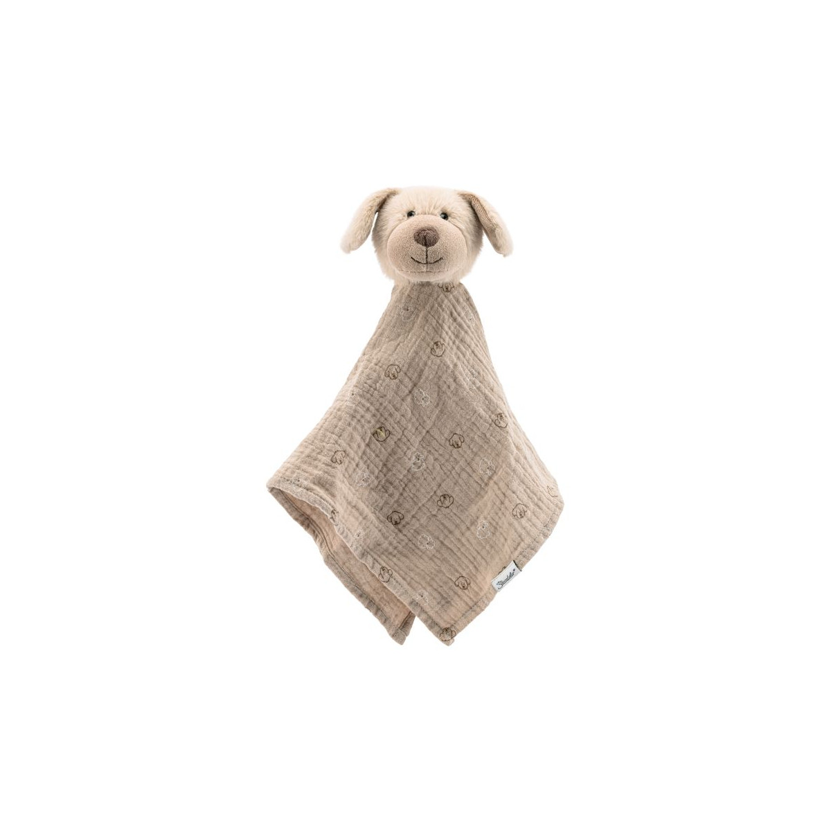 Beiges Hund-Plüsch-Schnuffeltuch mit Stickerei auf weißem Hintergrund.