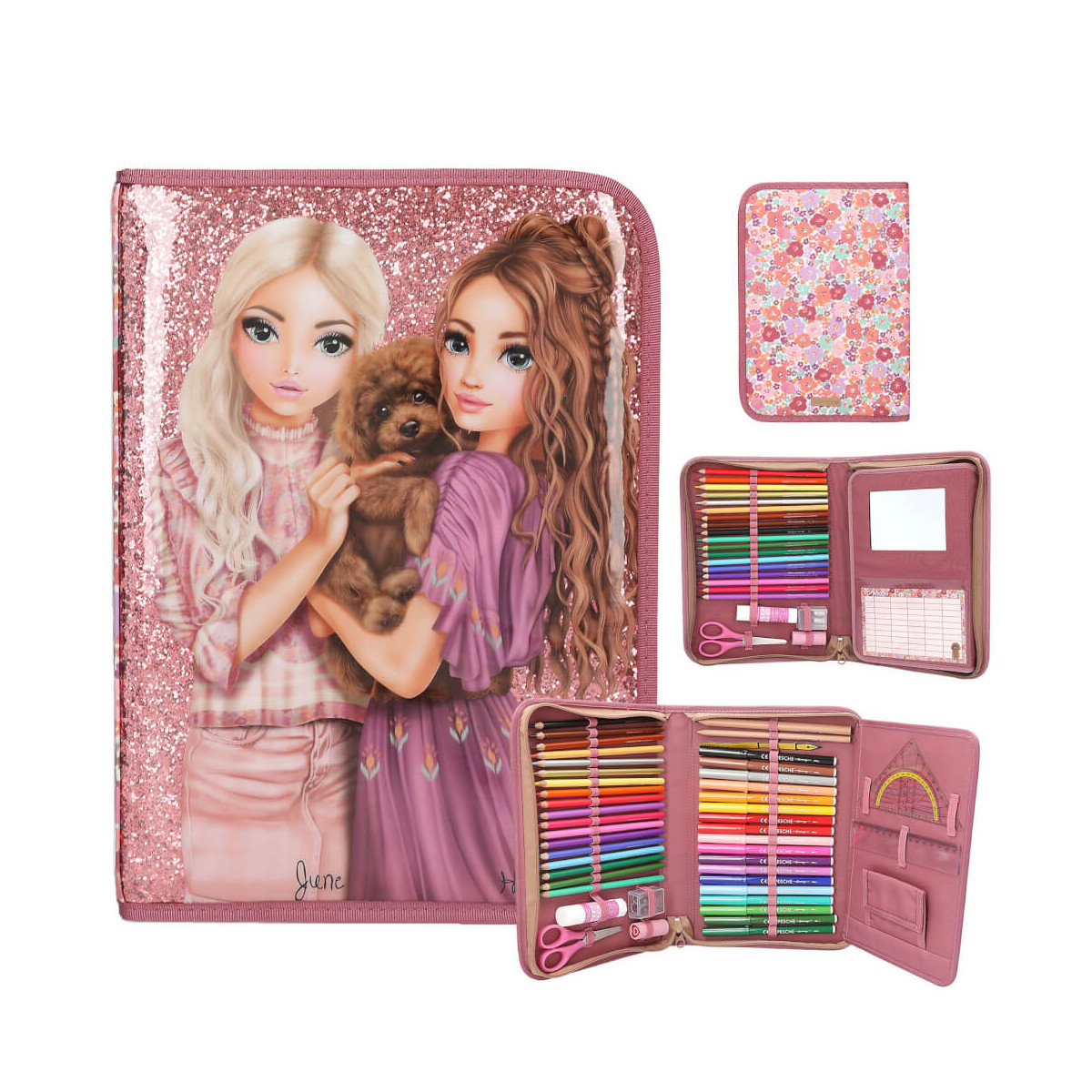 Pinkes Federmäppchen mit Glitzer, zwei illustrierten Mädchen, einem Welpen und Bastelzubehör wie Filzstiften und Schere.