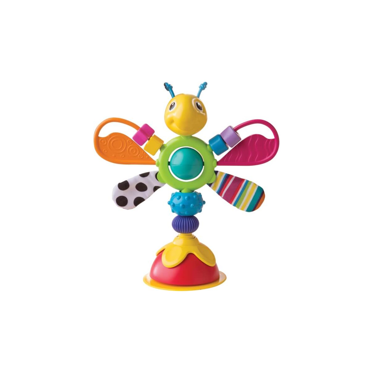 Buntes Spielzeuginsekt mit strukturierten Flügeln und Saugnapfbasis, ideal für Babys und Kleinkinder.