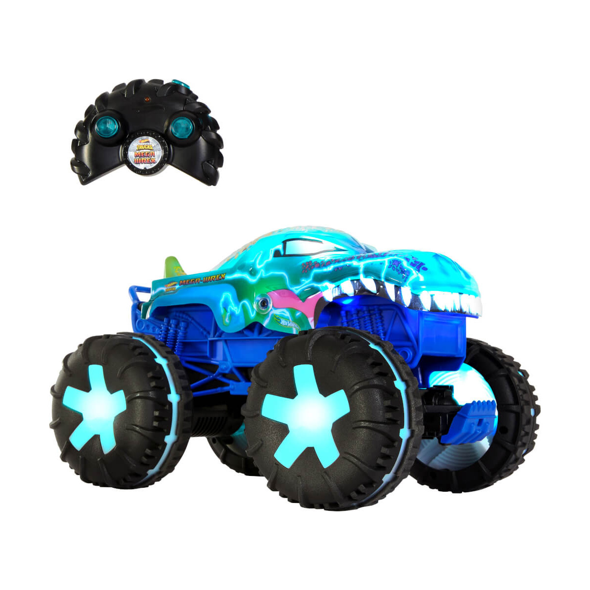 Ferngesteuerter blauer und schwarzer Monstertruck mit leuchtenden Rädern und passender Fernbedienung.