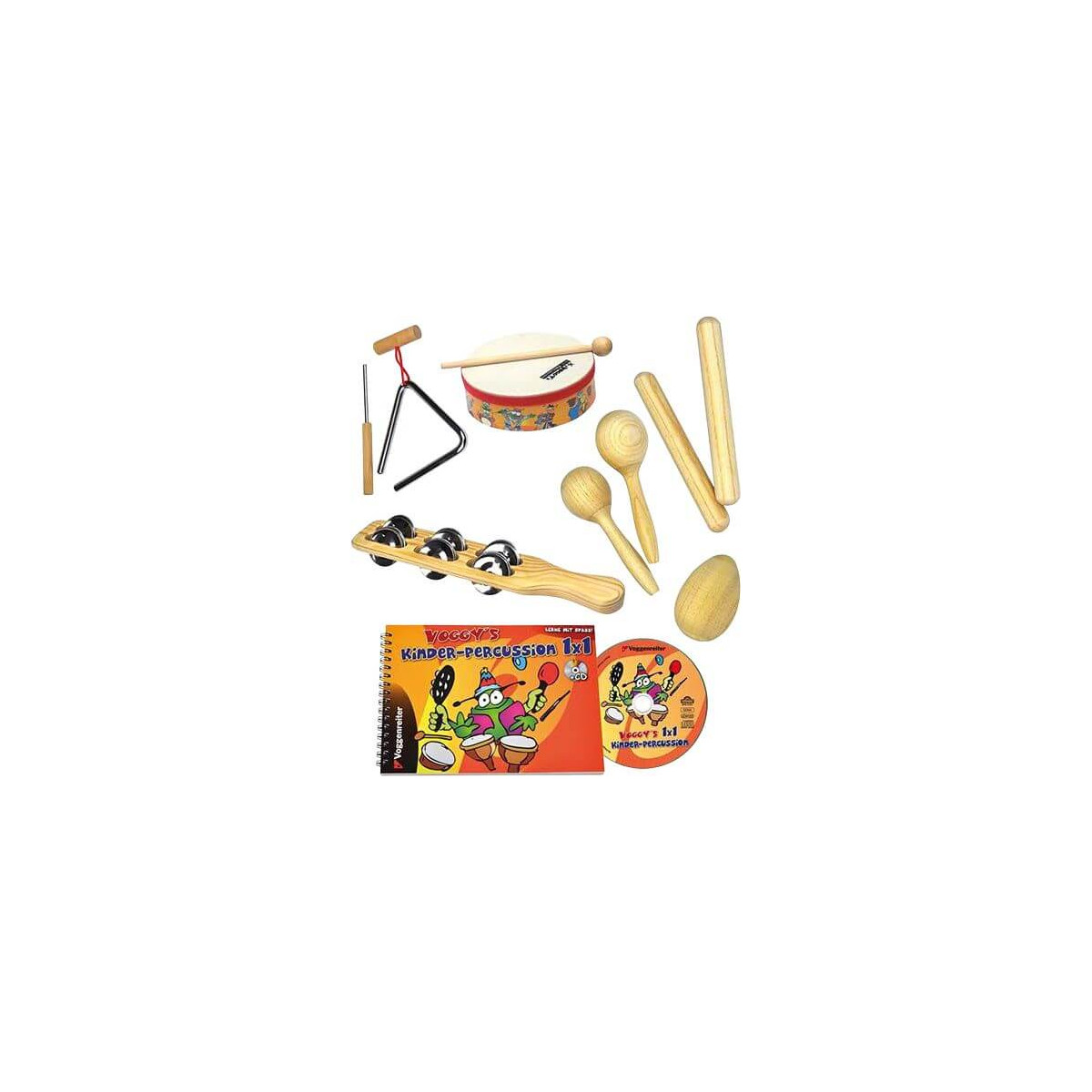 Kinder-Percussionsset mit Holz-Instrumenten, kleiner Trommel, Triangel und farbigem Anleitungsheft.