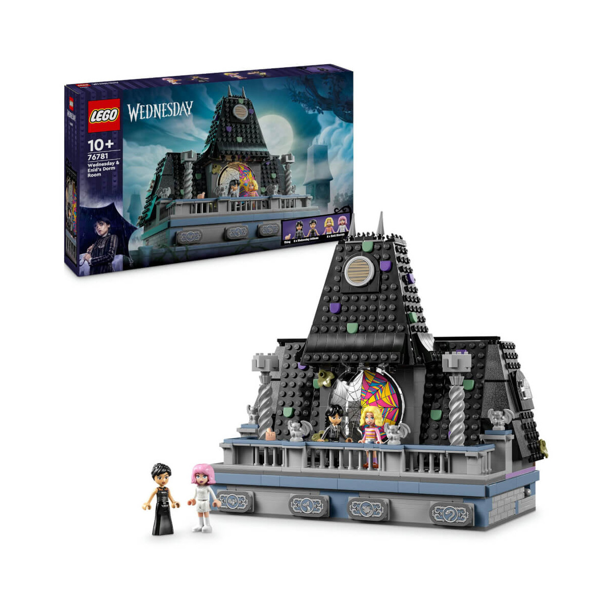 LEGO Wednesday Set mit gotischem Herrenhaus, drei Minifiguren und Verpackung im Hintergrund.