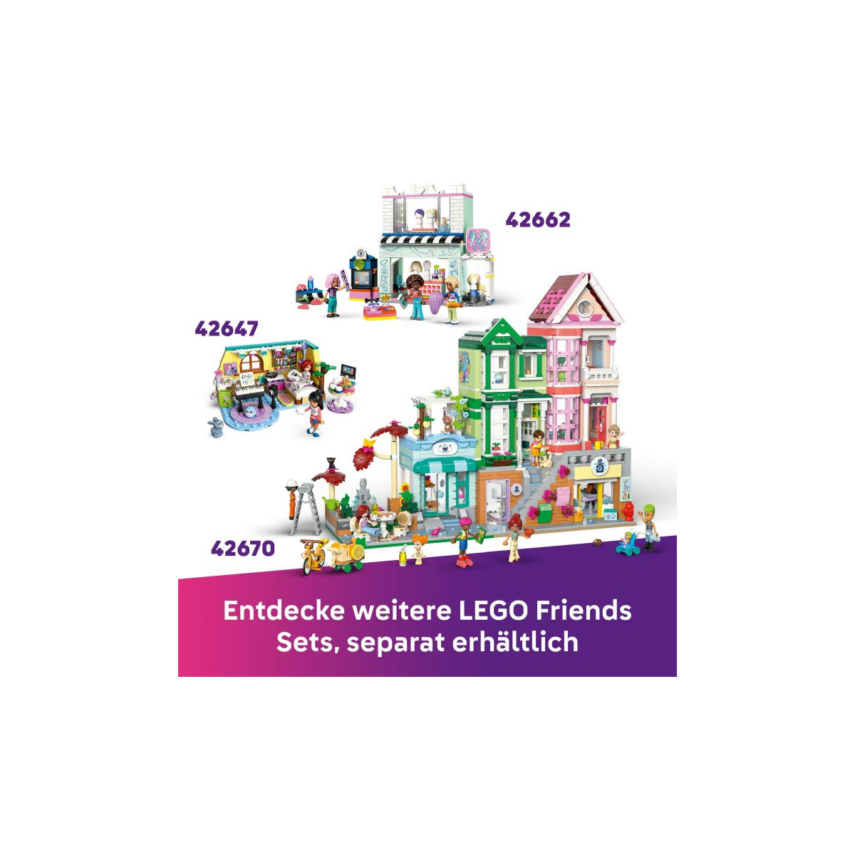 Drei LEGO Friends Sets mit Gebäuden und Figuren auf weißem Hintergrund, darunter deutscher Text.