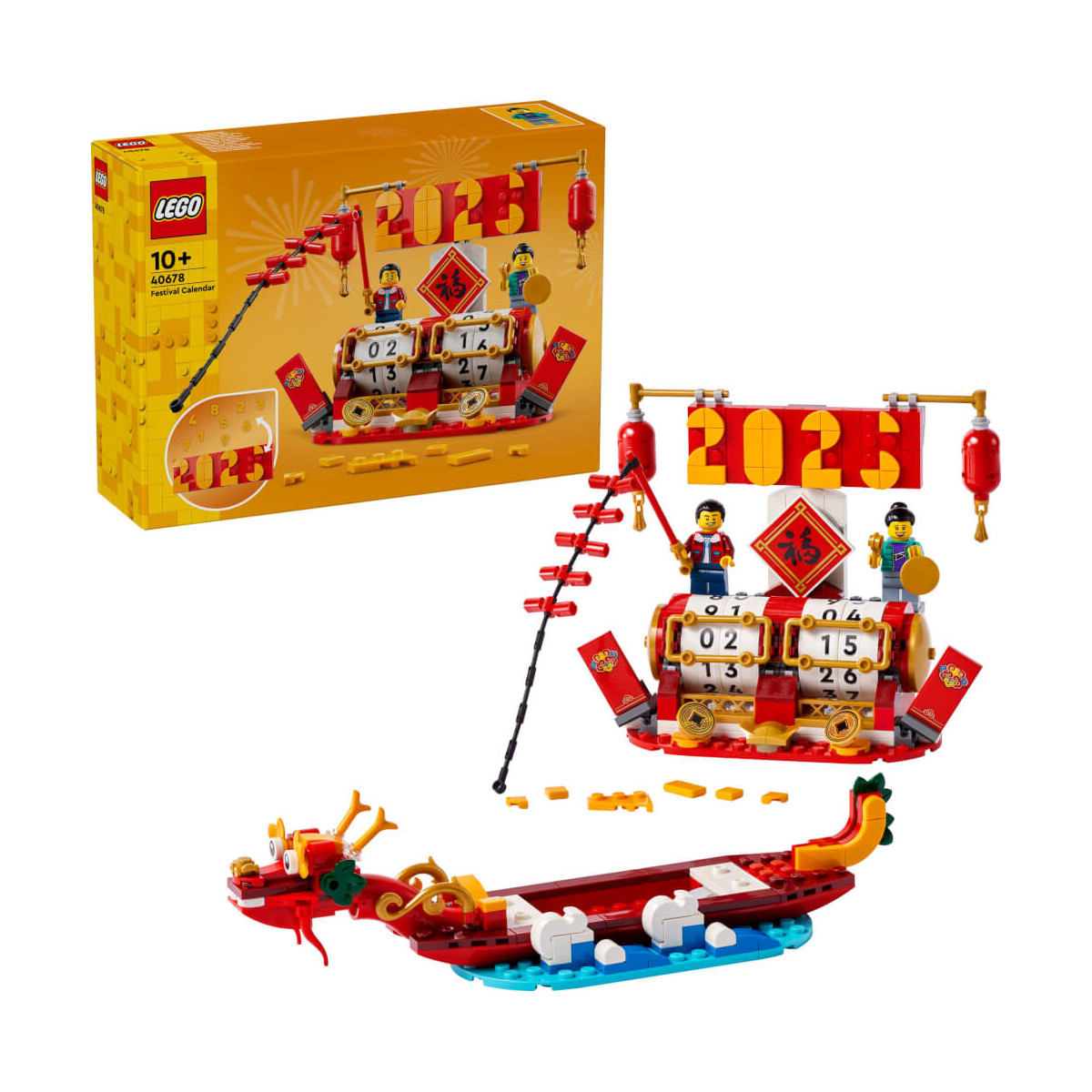 LEGO-Drachenboot-Set 2023 mit Minifiguren, Kalenderblöcken und dekorativer Box im Hintergrund.