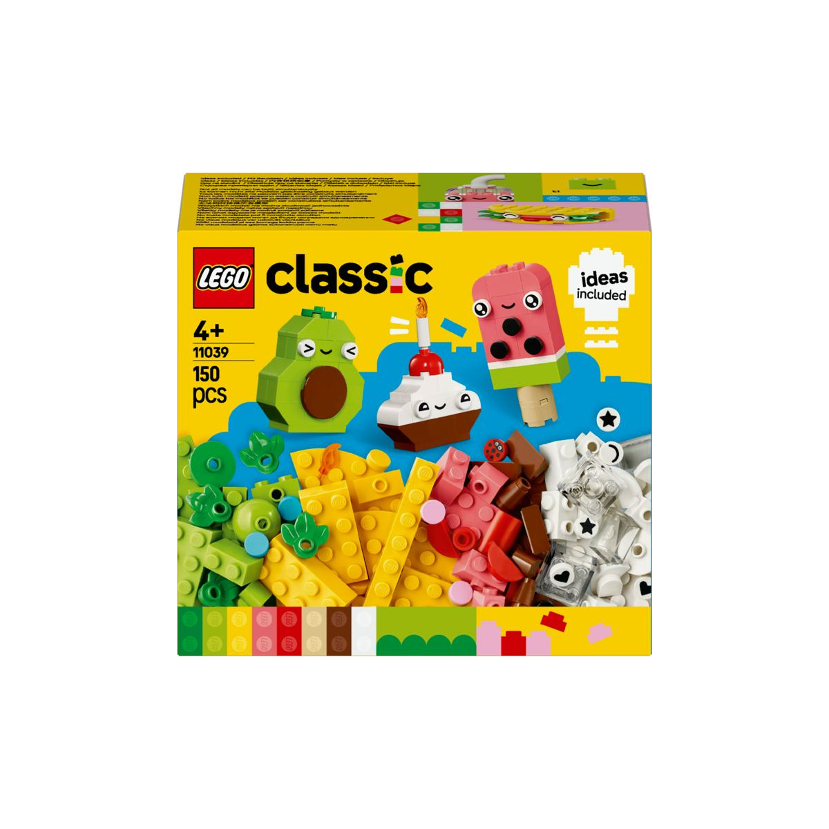 LEGO Classic Box mit bunten Steinen und niedlichen Food-Modellen vor gelbem Hintergrund.