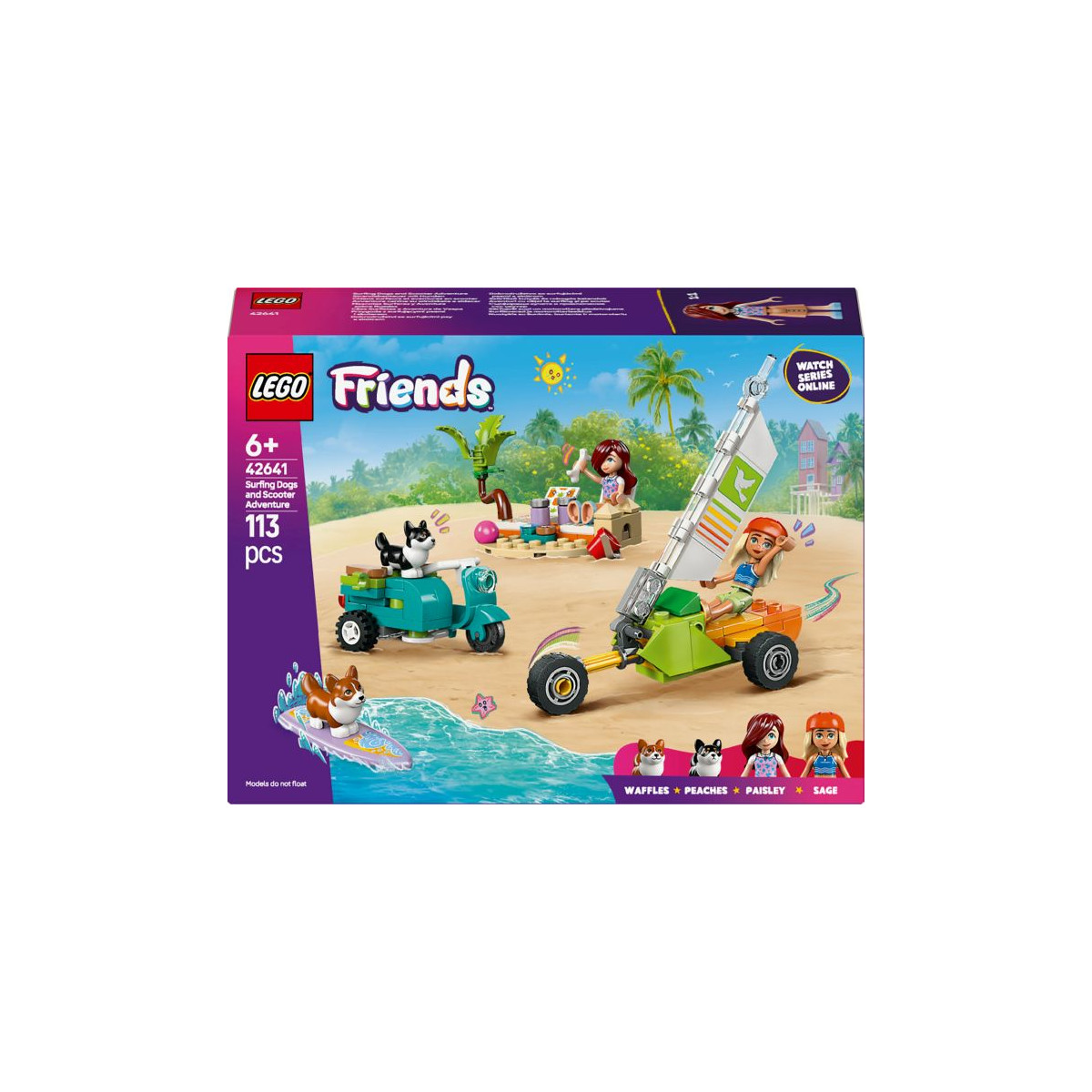 LEGO Friends Set mit 113 Teilen: Figuren, Tiere, Go-Kart und Roller im Strand-Design auf der Box abgebildet.