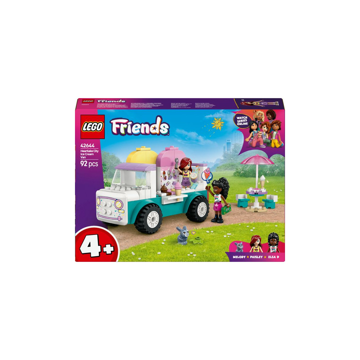 LEGO Friends Eiswagen-Spielset mit Figuren und Tieren, ab 4 Jahren, enthält 92 Teile.