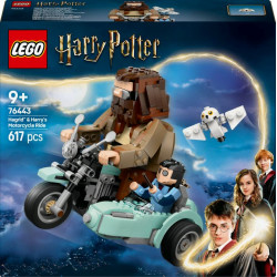 LEGO Harry Potter Hagrids Motorrad, 617 Teile, Box mit Figuren und fliegender Eule abgebildet.