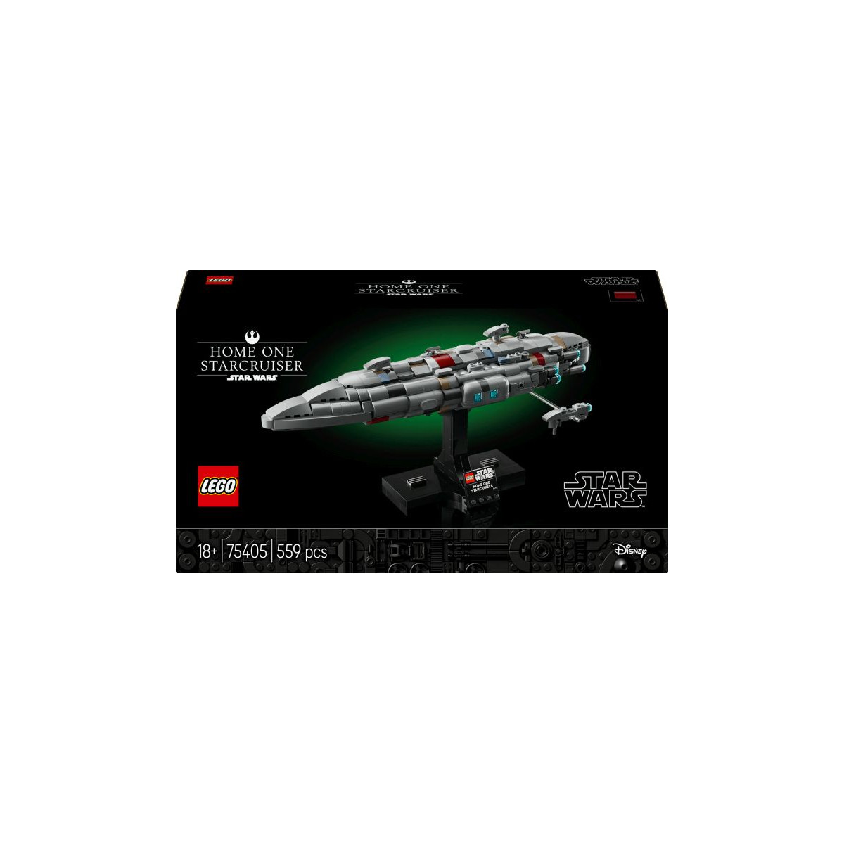 LEGO Star Wars Home One Star Cruiser mit 559 Teilen und Modellständer, empfohlen ab 18 Jahren.