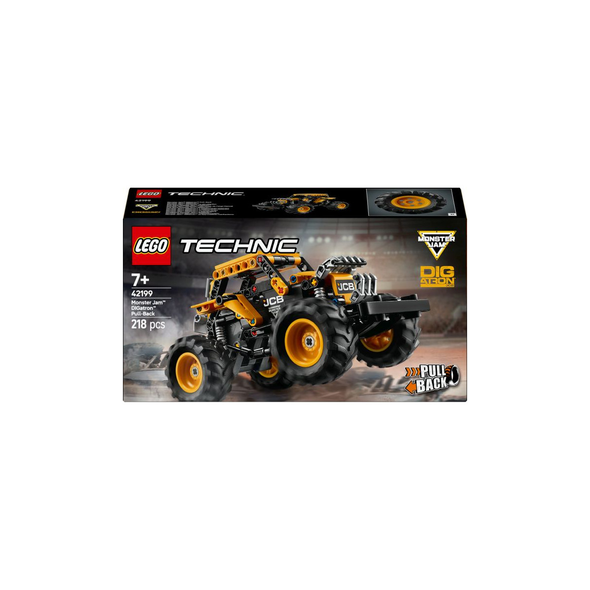 LEGO Technic JCB Traktor-Set mit Abbildung des Modells, großen Rädern und 218 Teilen auf der Verpackung.