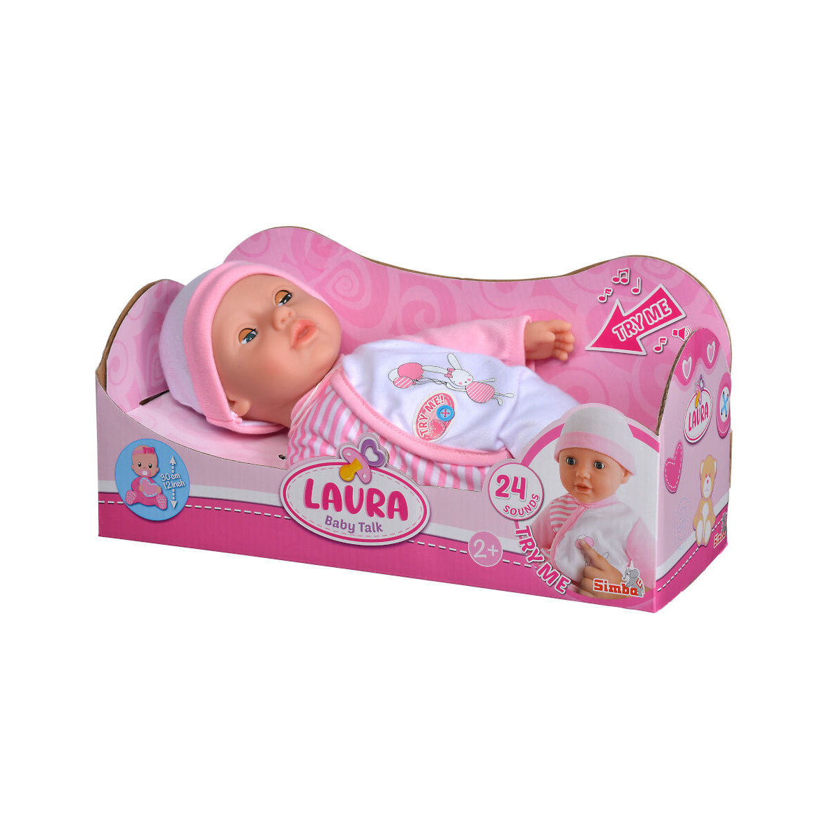 Laura Baby Talk Puppe in rosa-weißem Outfit, im Bettkarton, für Kinder ab 2 Jahren.