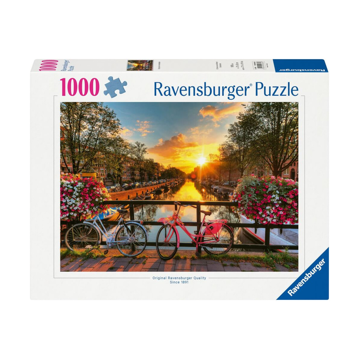 Ravensburger Puzzle mit 1000 Teilen: Kanal, Fahrräder und Blumen im Sonnenuntergang.