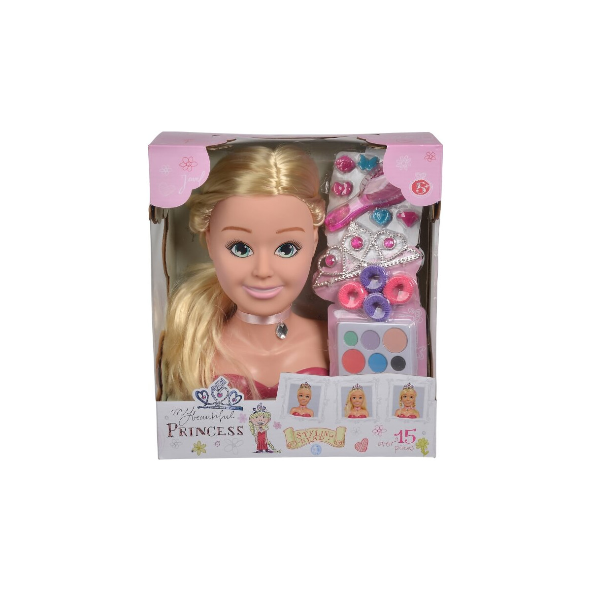 Blonde Stylingkopf-Puppe mit Haarzubehör und Make-up-Set im Karton, beschriftet „My Beautiful Princess“.