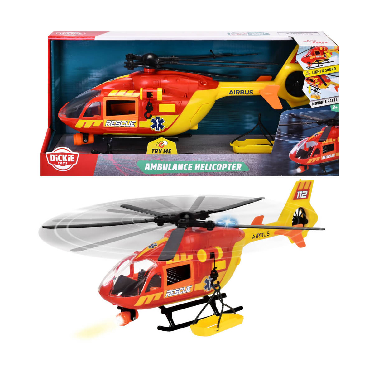 Rettungshubschrauber-Spielzeug in rot-gelber Verpackung, separat fliegend mit drehendem Rotor abgebildet.