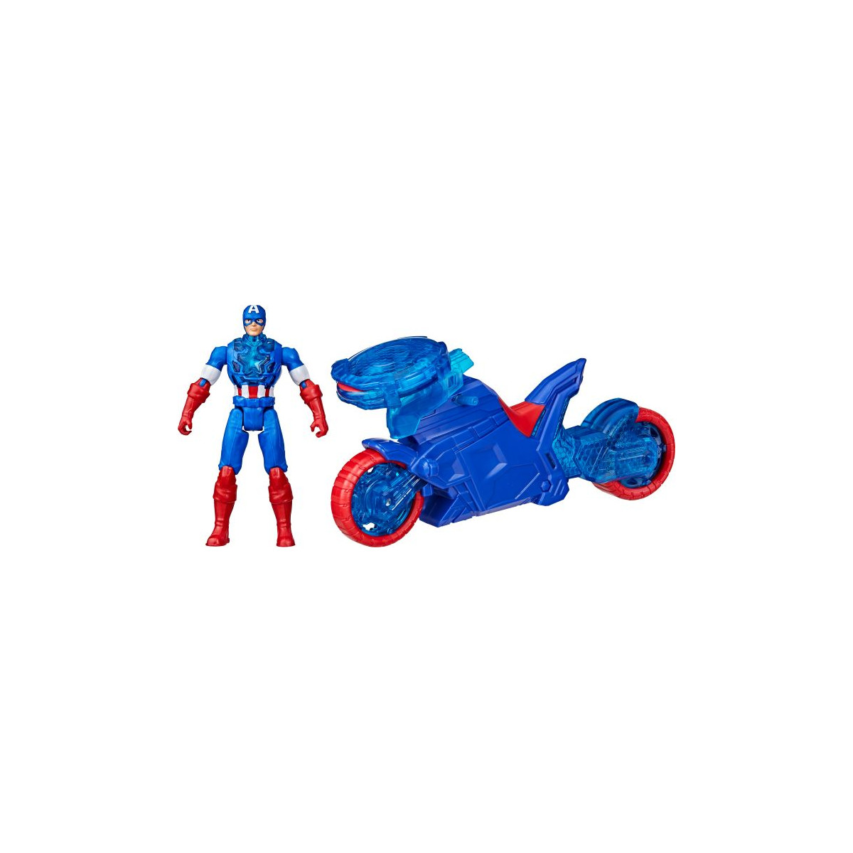 Captain America-Figur im blau-roten Anzug steht neben einem blauen Spielzeug-Motorrad mit roten Rädern.