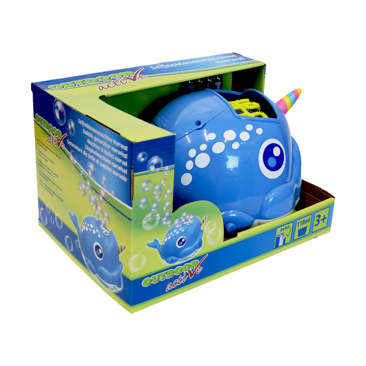 Blauwal-Bubble-Maschine mit buntem Horn, grün-blauer Verpackung, geeignet für Kinder ab 3 Jahren.