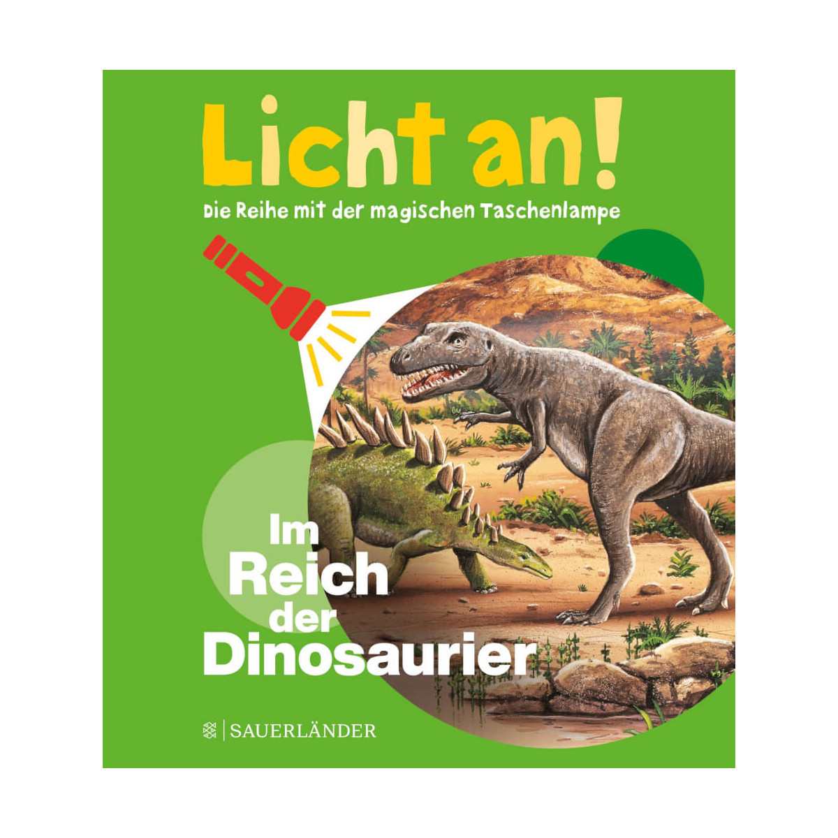 Buchcover mit Dinosauriern, roter Taschenlampe und dem deutschen Titel „Licht an! Im Reich der Dinosaurier“.