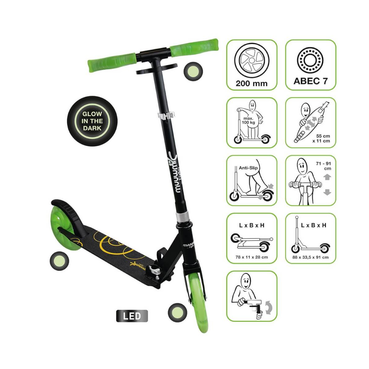 muuwmi Lights Aluminium Scooter GLOW 200 mm, mit Leuchtrollen und Glow Effekt