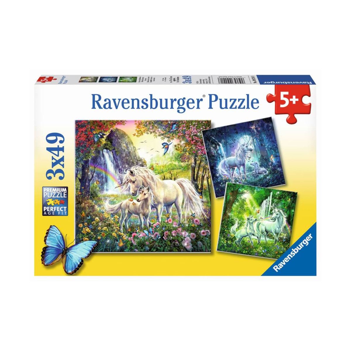 Ravensburger Puzzle mit Einhörnern in buntem Zauberwald, geeignet für Kinder ab 5 Jahren.