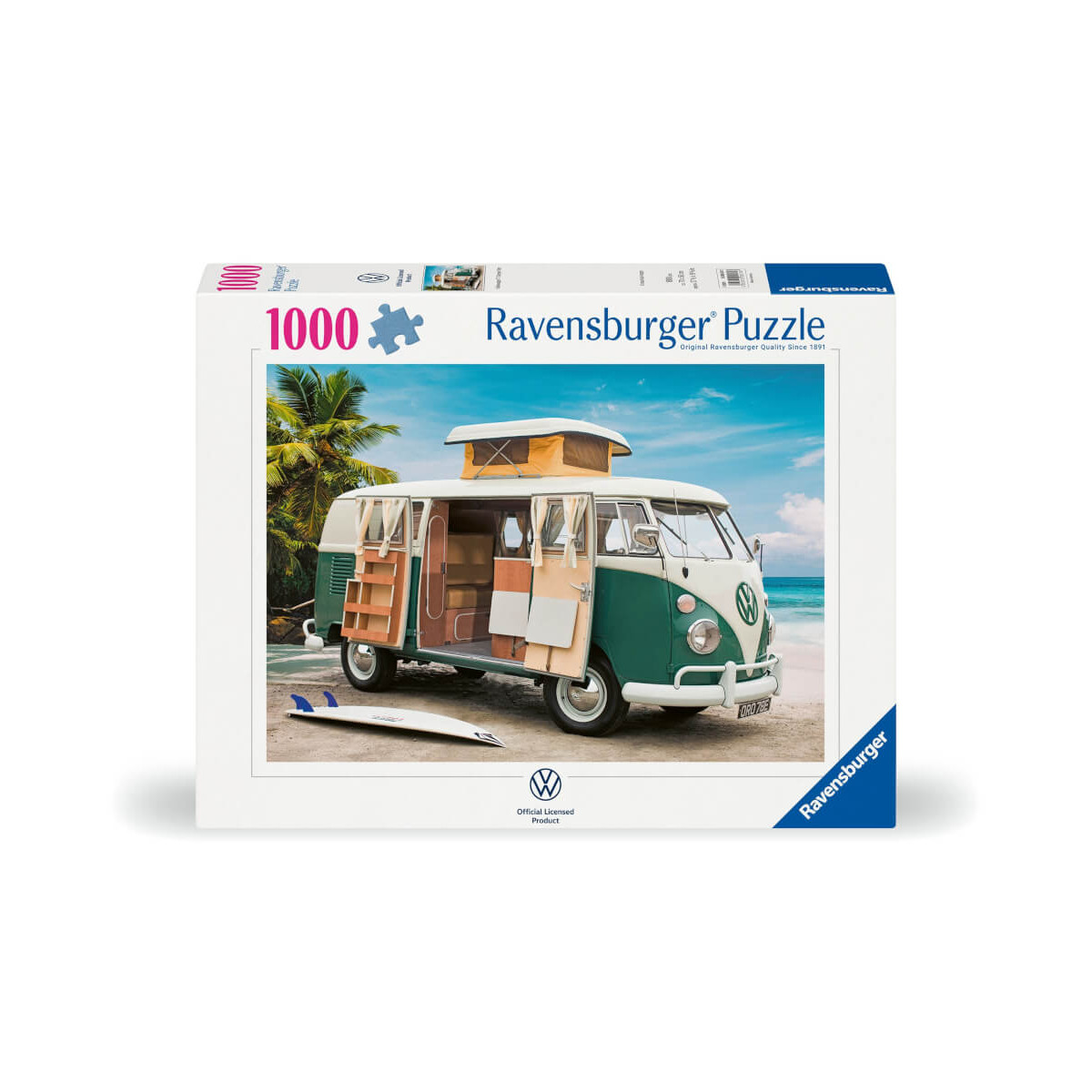 Ravensburger Puzzle mit 1000 Teilen zeigt einen klassischen VW-Camper am Strand und nahegelegene Surfbretter.
