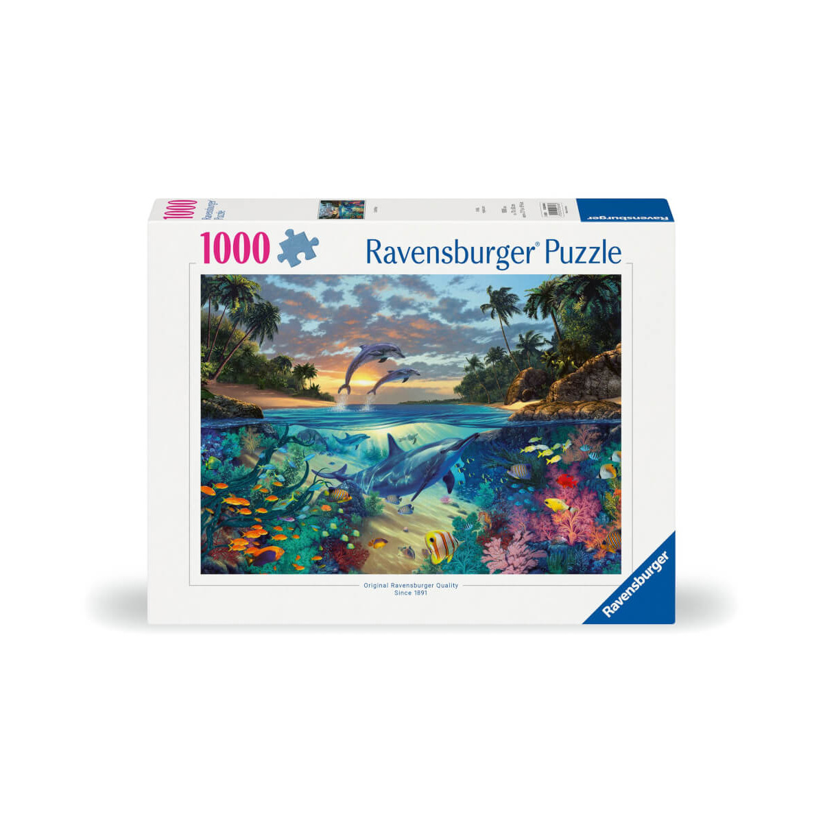 Ravensburger 1000-teiliges Puzzle mit Ozeanmotiv: Delfine und bunte Korallenriffe.