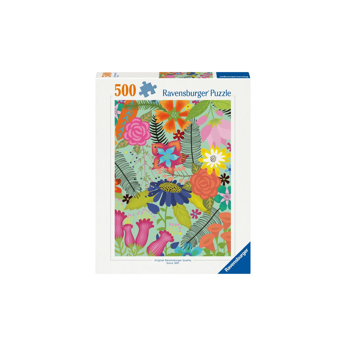 Ravensburger Puzzle mit 500 Teilen und farbenfrohem, illustriertem Blumenmuster auf der Verpackung.