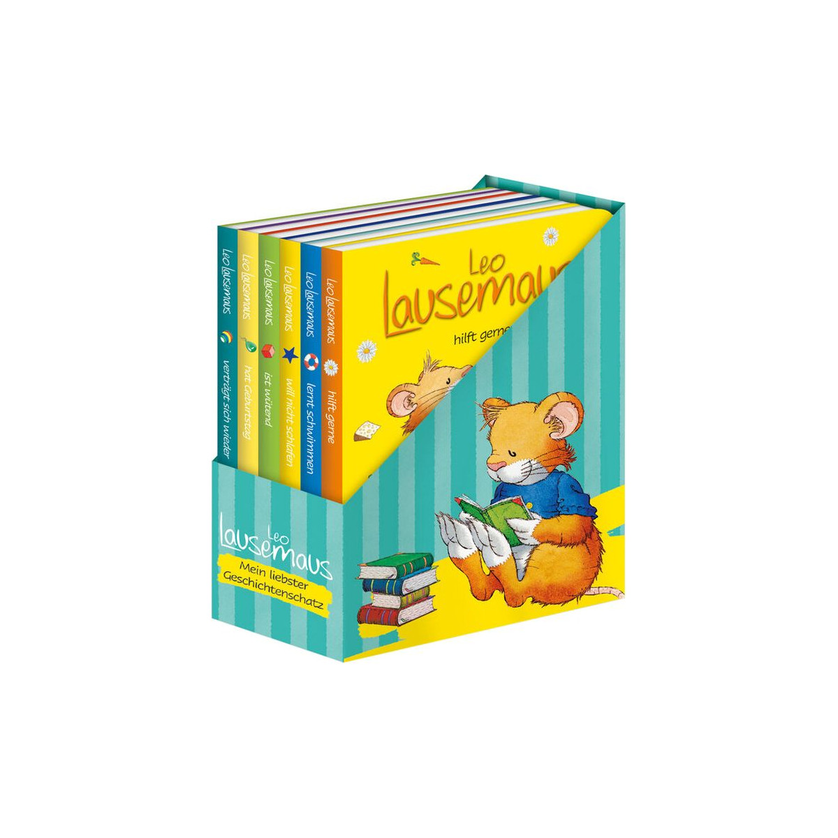 Buntes Leo Lausemaus-Buchset mit Kinderbüchern, deren Cover eine lesende Maus zeigt.
