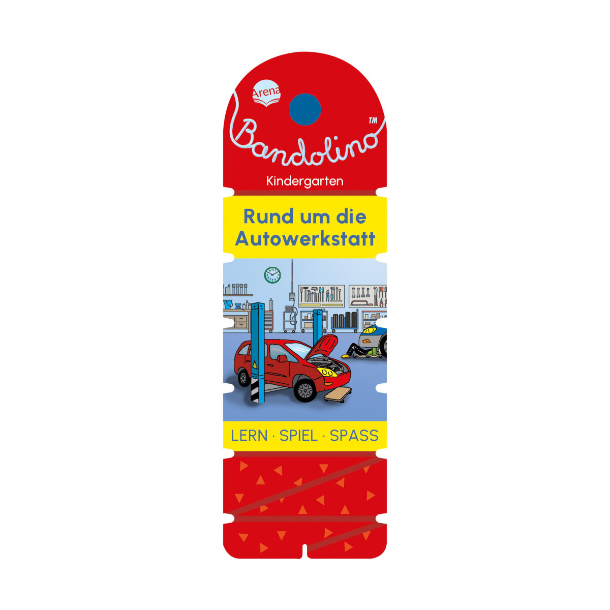Deutsche Lernkarte mit einer Autowerkstatt-Illustration und dem Titel „Rund um die Autowerkstatt“.
