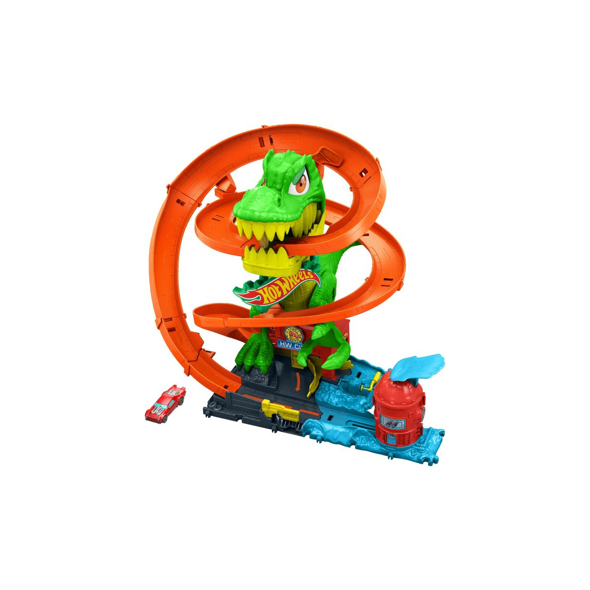Hot Wheels City T Rex Feuerschlacht Spielset und Die Cast Spielzeugauto im Maßstab 1:64, gegnerische