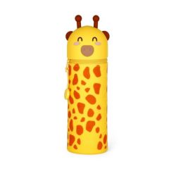 Gelbe Flasche mit Giraffengesicht, braunen Flecken und kleinen Ohren auf dem Deckel vor weißem Hintergrund.