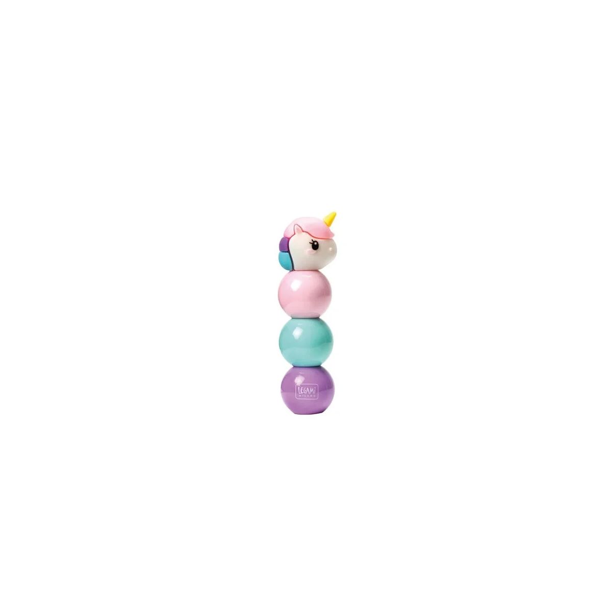 Stapelfigur mit Einhornkopf auf drei bunten Teilen: pink, türkis und lila.