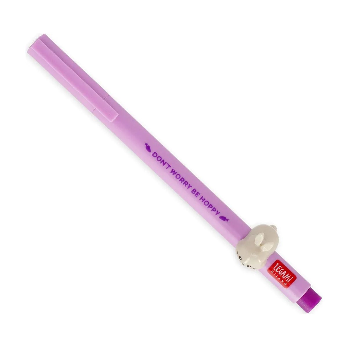 Lila Stift mit „DONT WORRY BE HOPPY“-Aufdruck und kleiner weißer Hasendekoration.
