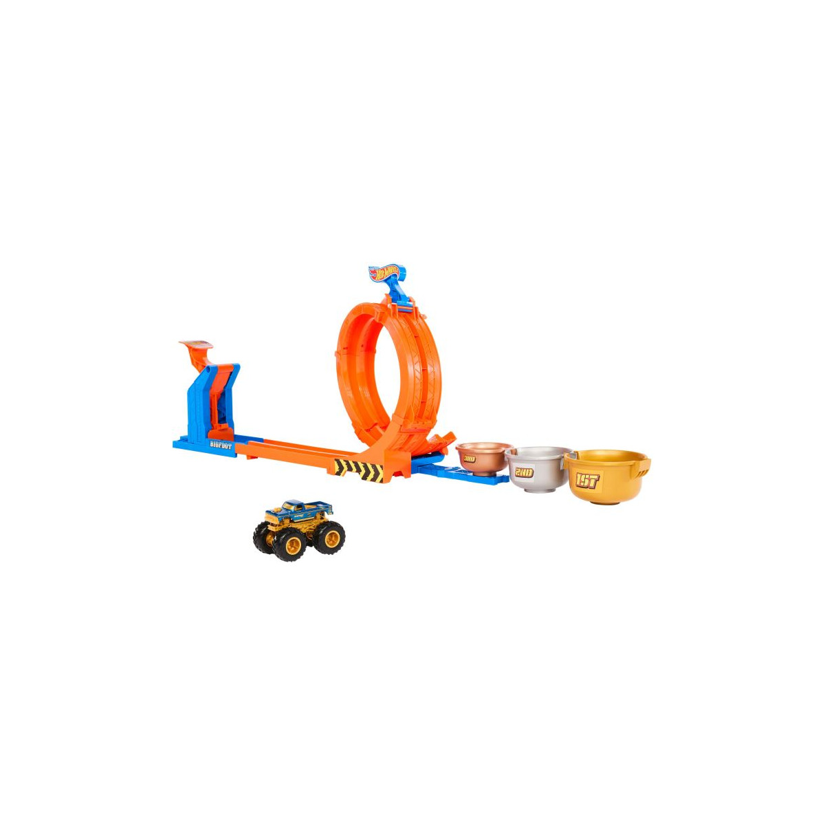 Spielset mit Monstertruck, orangem Looping, Starter und bunten Eimern; Spielzeug-Truck enthalten.