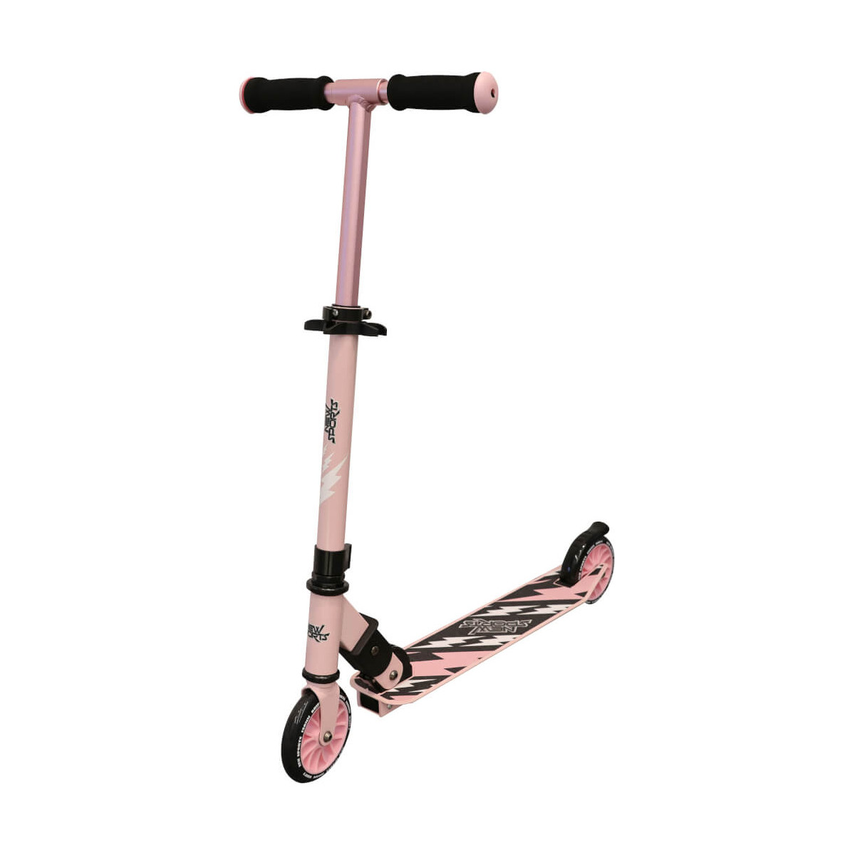 Zweirädriger Tretroller in Pink und Schwarz mit Schaumstoffgriffen und höhenverstellbarem Lenker.