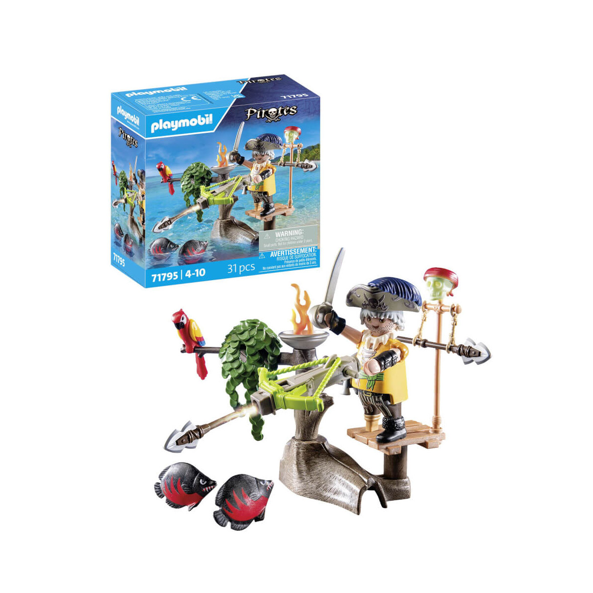 Playmobil Piraten-Set mit Figur, Papagei, Fisch und Zubehör; Verpackung im Hintergrund abgebildet.