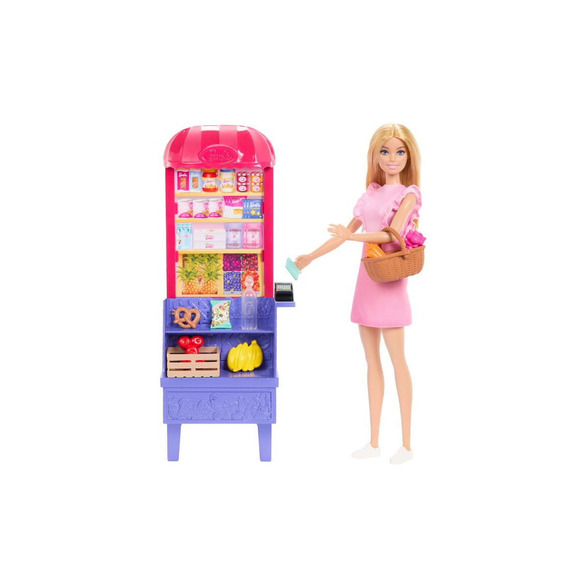 Barbie im rosa Kleid kauft mit Korb an einem bunten Marktstand Lebensmittel ein.