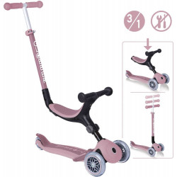 Rosa-schwarzer 3-in-1 Kinderroller mit verstellbarem Lenker und Sitz in verschiedenen Varianten abgebildet.