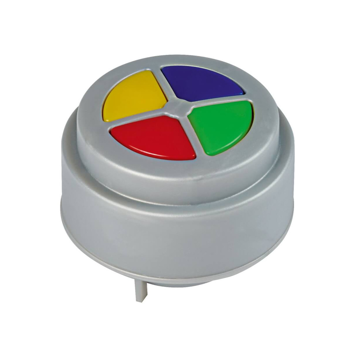 Runder Knopf mit vier farbigen Segmenten (gelb, blau, rot, grün) auf grauer Basis.